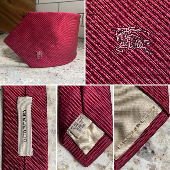 BURBERRY Dark Red Silk Hand Made Red Tie Embroidered Knight England - Picture 1 of 12